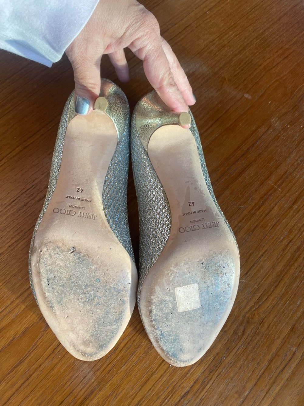 Jimmy Choo Silver Glitter Peep Toe Pumps - Picture 5 of 7